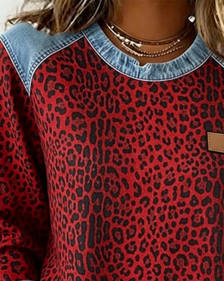 Women's Leopard Print Denim Patchwork Sweater