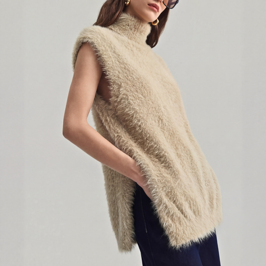 Débardeur-pull à col roulé en maille duveteuse pour femme, avec fentes latérales