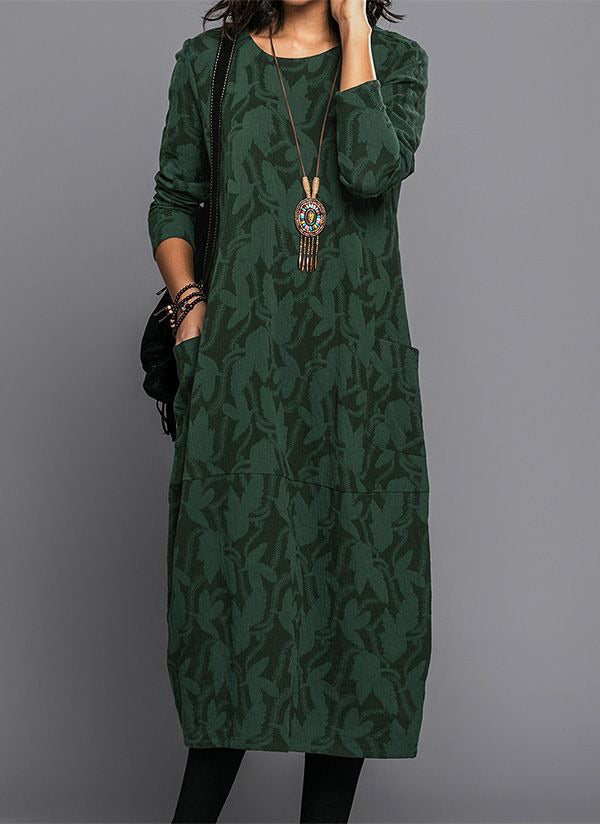 Women's Long Sleeve Midi Dress with Convenient Pockets