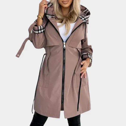 Modern trenchcoat för kvinnor med huva, skärp, god andningsförmåga och dragkedja