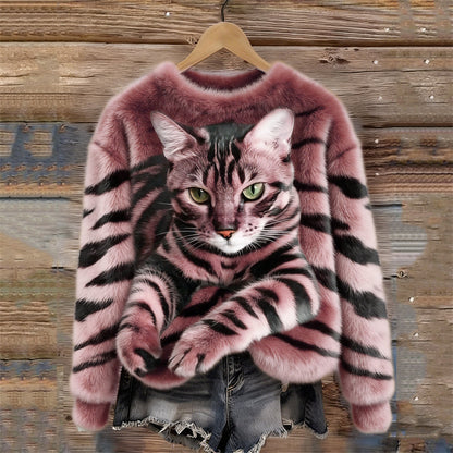 Women's Plush Sweatshirt with Tiger and Kitten Print for Winter