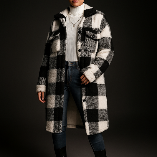 Women's Plush Fleece Overcoat with Checkerboard Pattern