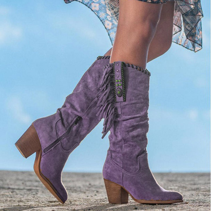 Women's Stylish Winter Knee-High Boots with Fringe Detail