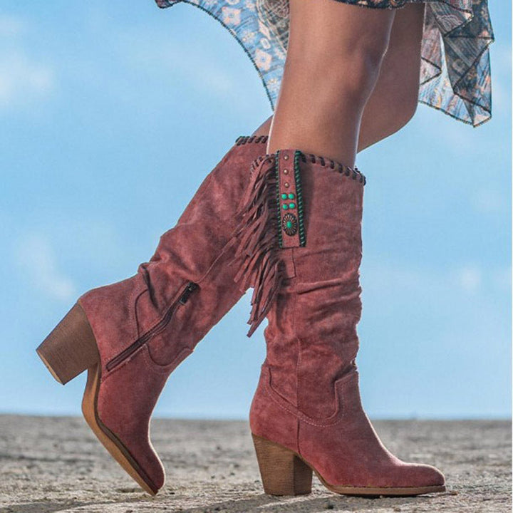 Women's Stylish Winter Knee-High Boots with Fringe Detail