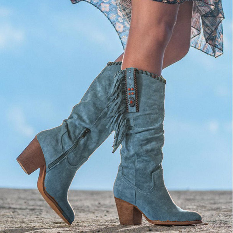 Women's Stylish Winter Knee-High Boots with Fringe Detail