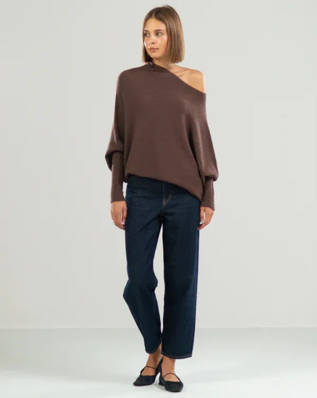 Women's Off-Shoulder Knit Top with Swing Collar | Elegant Style