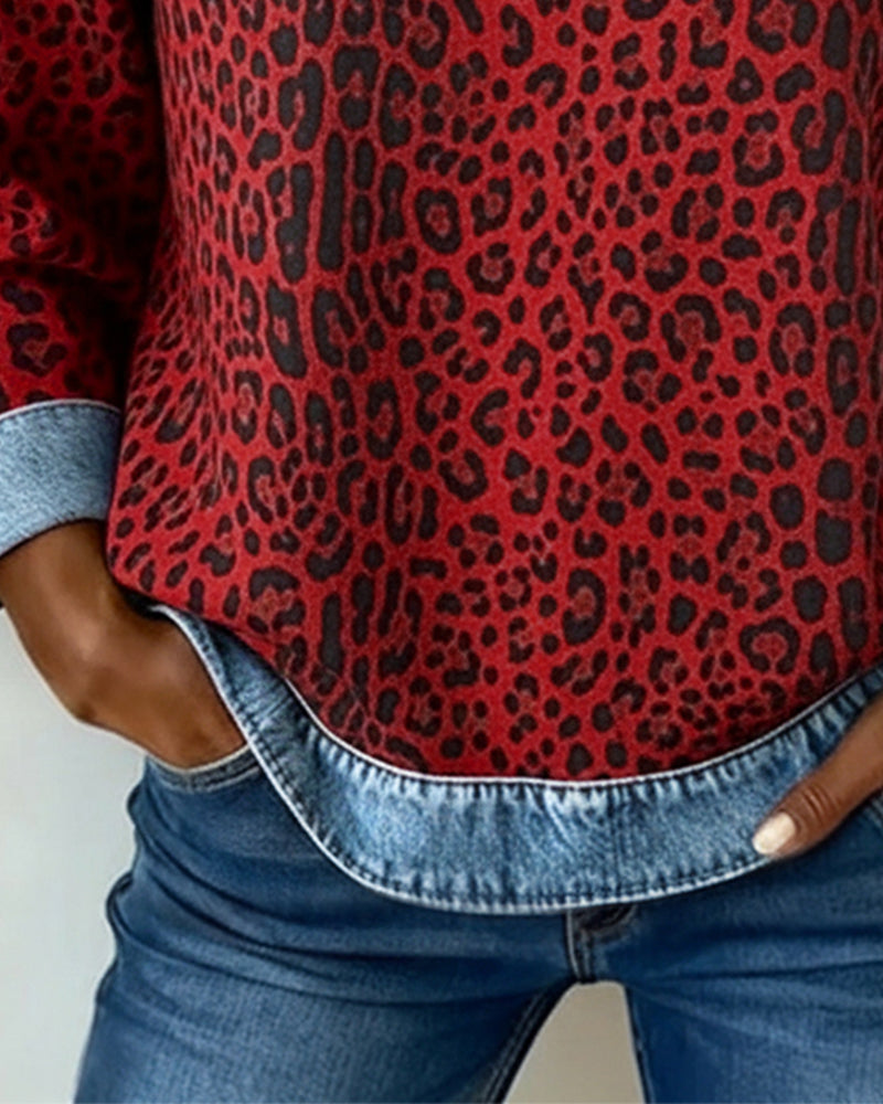 Women's Leopard Print Denim Patchwork Sweater
