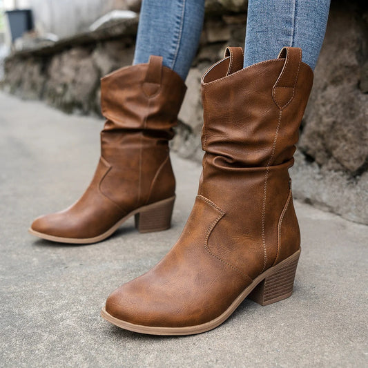 Women's Faux Leather Ankle Boots with Heel and Side Zip