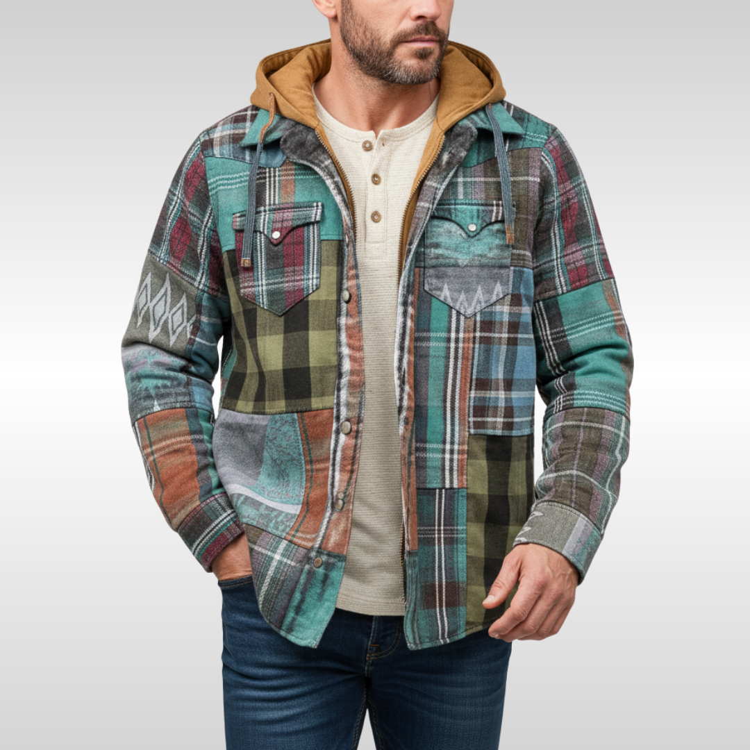 Men's Checkered Hooded Jacket with Pockets and Buttons