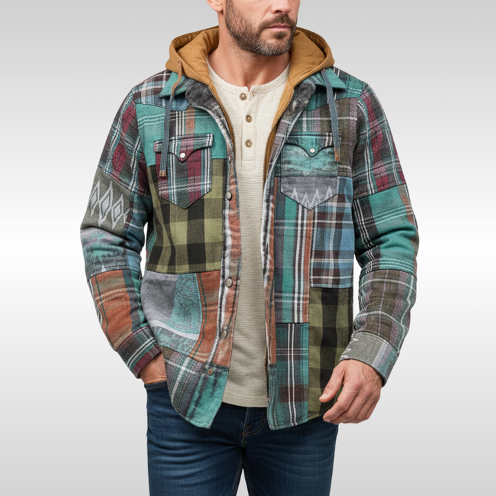 Men's Checkered Hooded Jacket with Pockets and Buttons