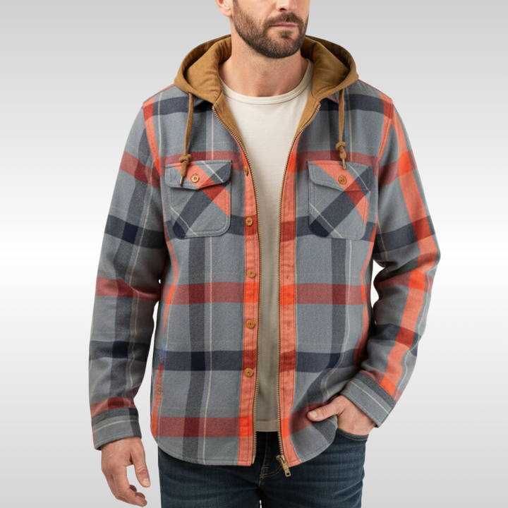 Men's Checkered Hooded Jacket with Pockets and Buttons