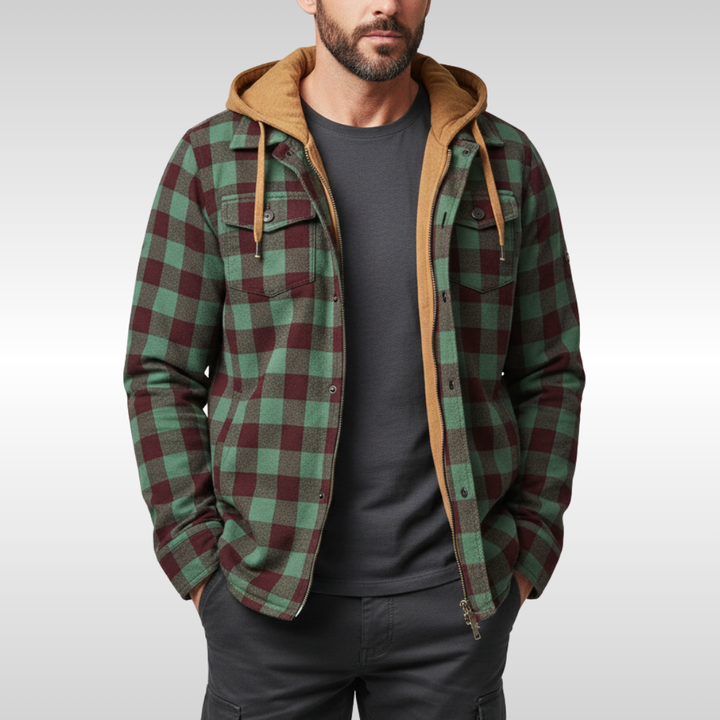 Men's Checkered Hooded Jacket with Pockets and Buttons