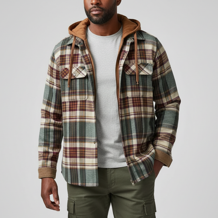 Men's Checkered Hooded Jacket with Pockets and Buttons