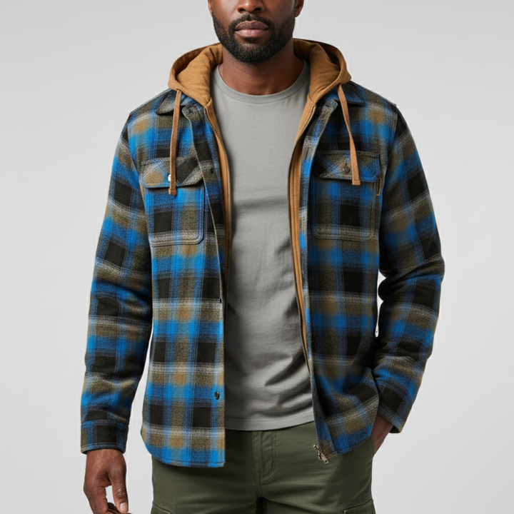 Men's Checkered Hooded Jacket with Pockets and Buttons