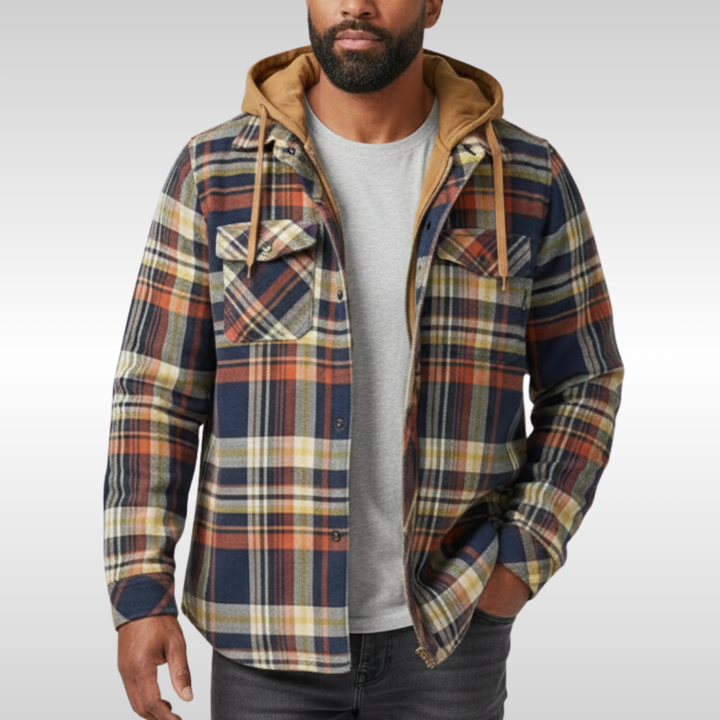 Men's Checkered Hooded Jacket with Pockets and Buttons