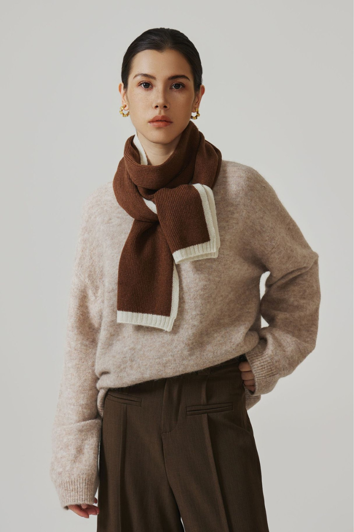 Women's Lamb Wool Scarf with Ivory Border and Slim Shape