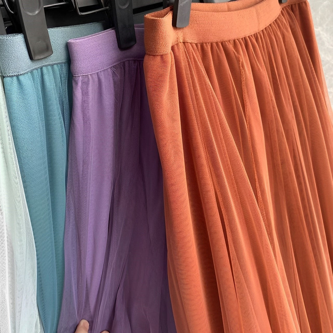 Women's Pleated Midi Skirt in Mesh Fabric