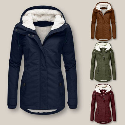 Warme, gefütterte Damen-Winterjacke mit verstellbarer Kapuze und Taschen