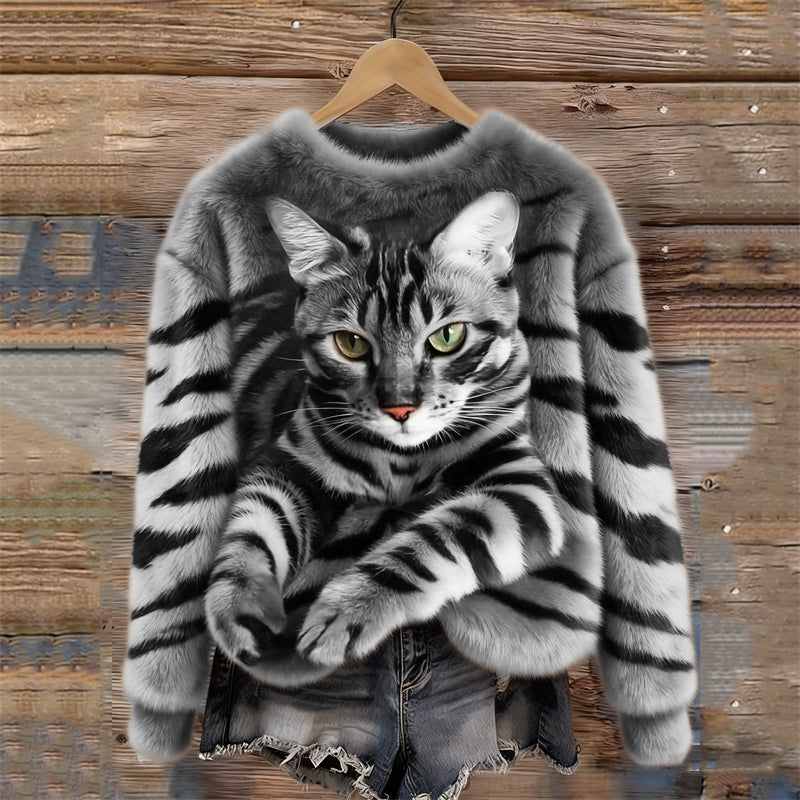 Women's Plush Sweatshirt with Tiger and Kitten Print for Winter