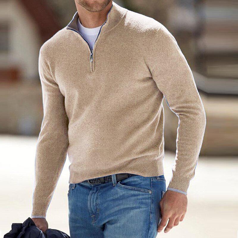 Men's Zip-Up Pullover with Ribbed Knit Texture for Daily Comfort