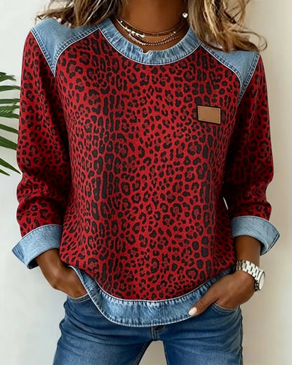 Women's Leopard Print Sweater with Denim Patchwork Detailing
