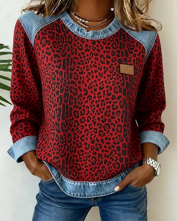Women's Leopard Print Denim Patchwork Sweater