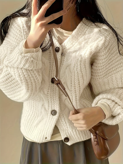 Women's Chunky Cable Knit Cardigan with Buttons and V-Neck