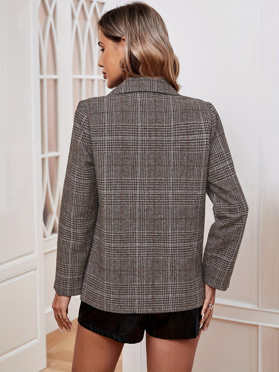 Women's Checked Business Blazer with Notched Lapel