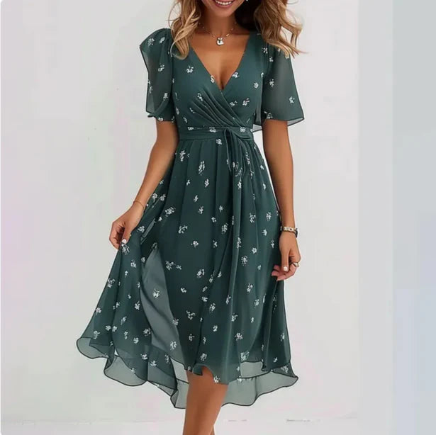 Annegret | Women's V-Neck Short Sleeve Summer Midi Dress-Omni Prime Goods