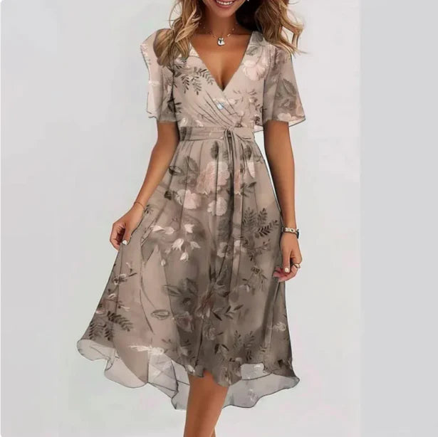 Annegret | Women's V-Neck Short Sleeve Summer Midi Dress-Omni Prime Goods