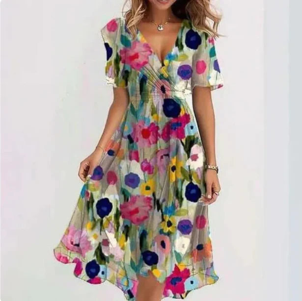 Annegret | Women's V-Neck Short Sleeve Summer Midi Dress-Omni Prime Goods