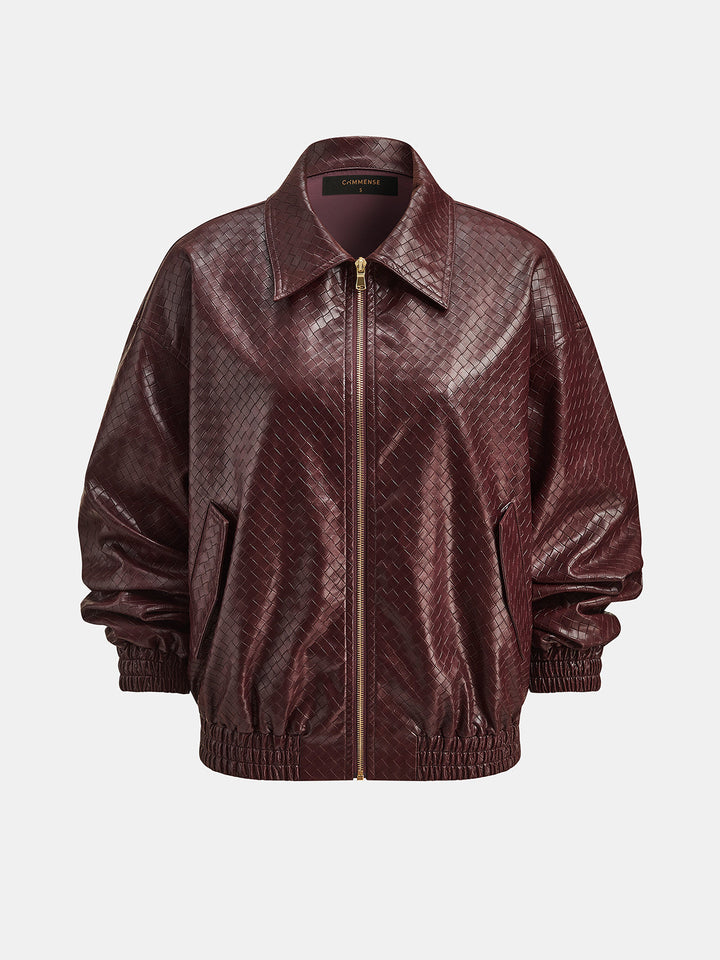 Women's Faux Leather Bomber Jacket with Elastic Waist and Lining