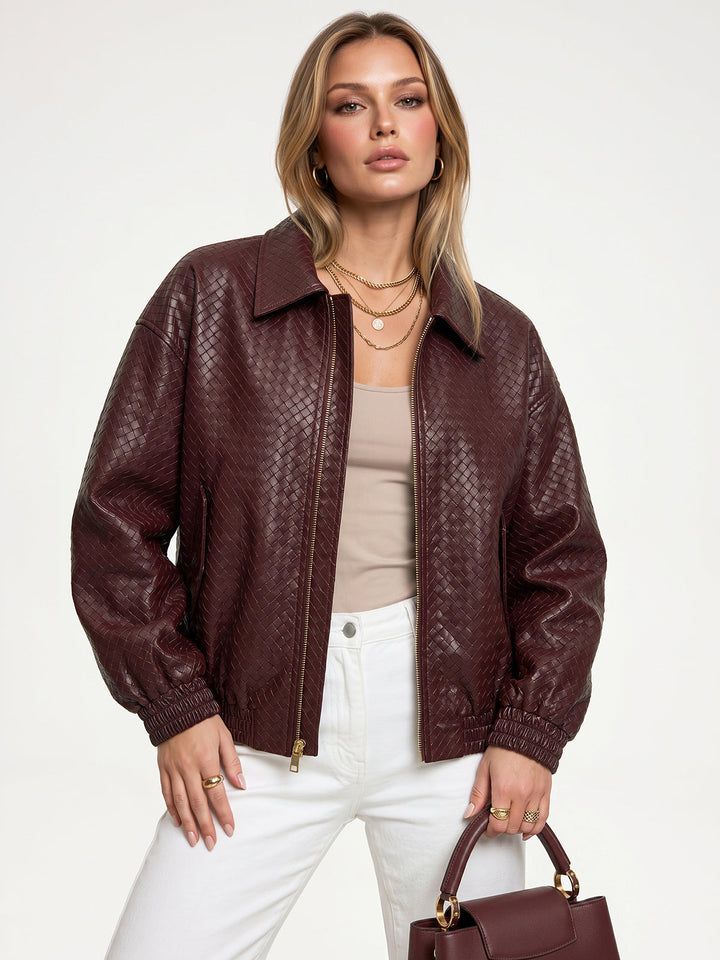 Women's Faux Leather Bomber Jacket with Elastic Waist and Lining