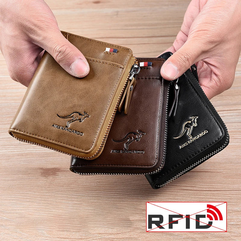Men's RFID-Blocking Leather Wallet with Zipper Closure