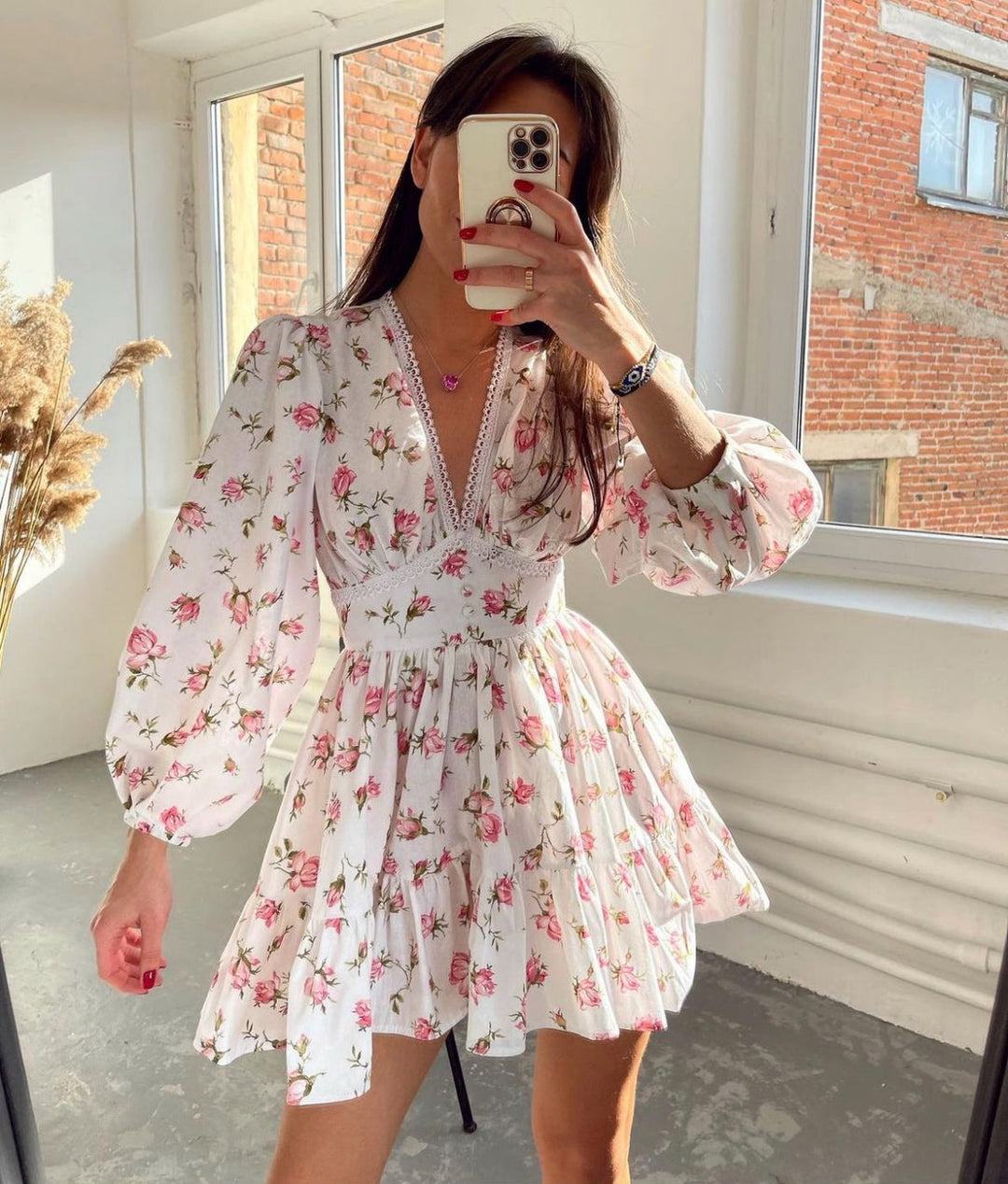 Carolyn | Women's Long Sleeve V-Neck A-Line Dress-Omni Prime Goods