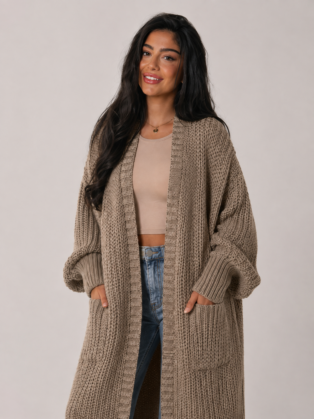 Chunky strikket duster-cardigan til dame med åpen front og lommer