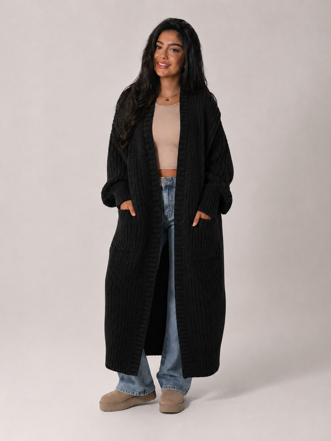Chunky strikket duster-cardigan til dame med åpen front og lommer
