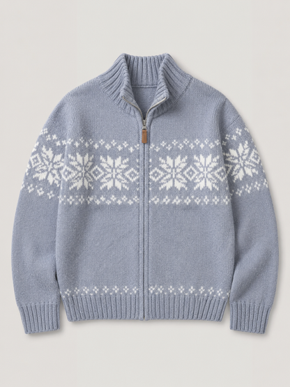 Women's Fair Isle Knit Cardigan with Zip Front and Stand Collar