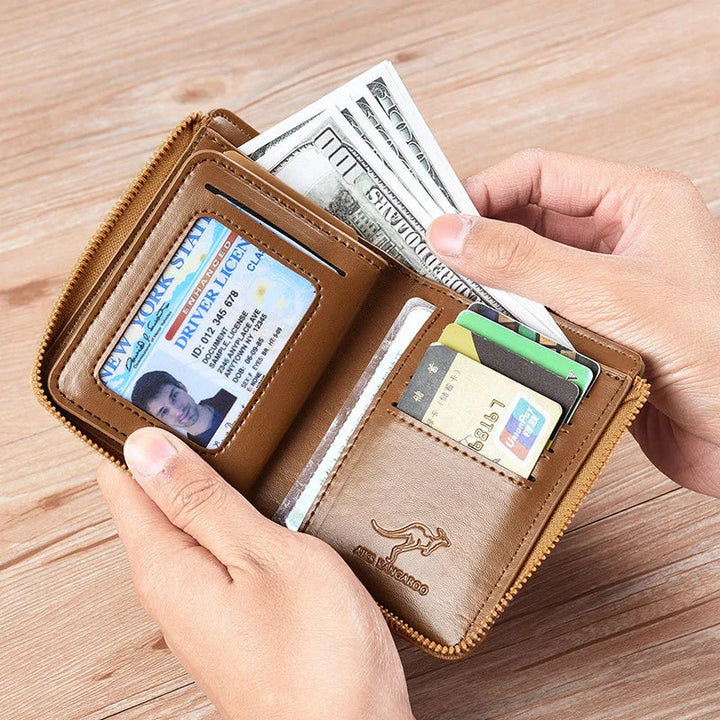 Men's RFID-Blocking Leather Wallet with Zipper Closure