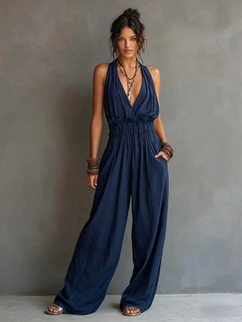 Daphne | Women's Deep V Neck Wide Leg Jumpsuit-Omni Prime Goods