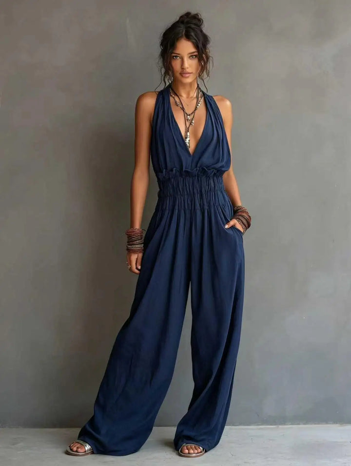 Daphne | Women's Deep V Neck Wide Leg Jumpsuit-Omni Prime Goods
