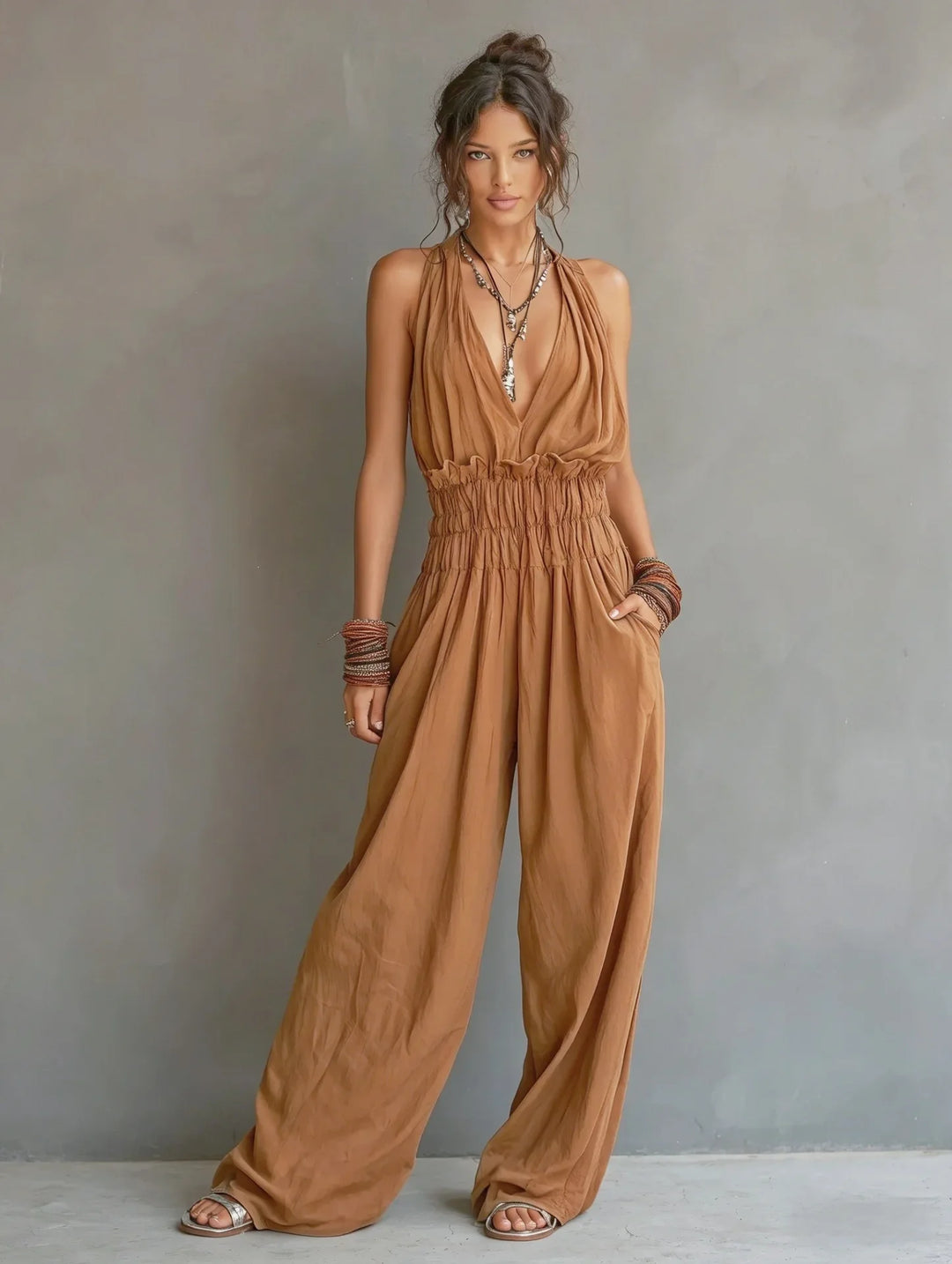 Daphne | Women's Deep V Neck Wide Leg Jumpsuit-Omni Prime Goods