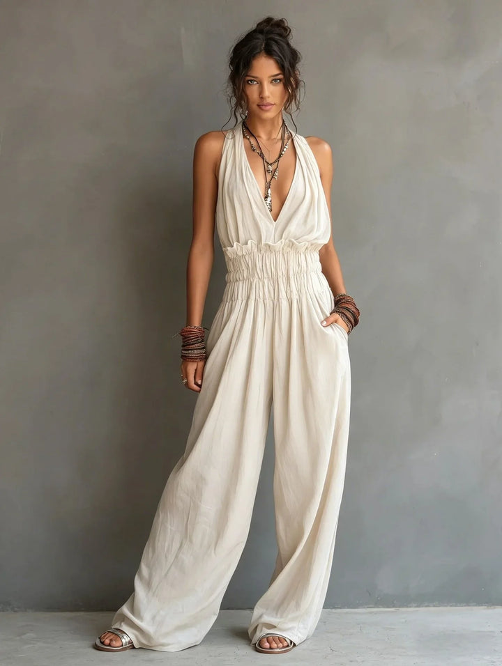Daphne | Women's Deep V Neck Wide Leg Jumpsuit-Omni Prime Goods