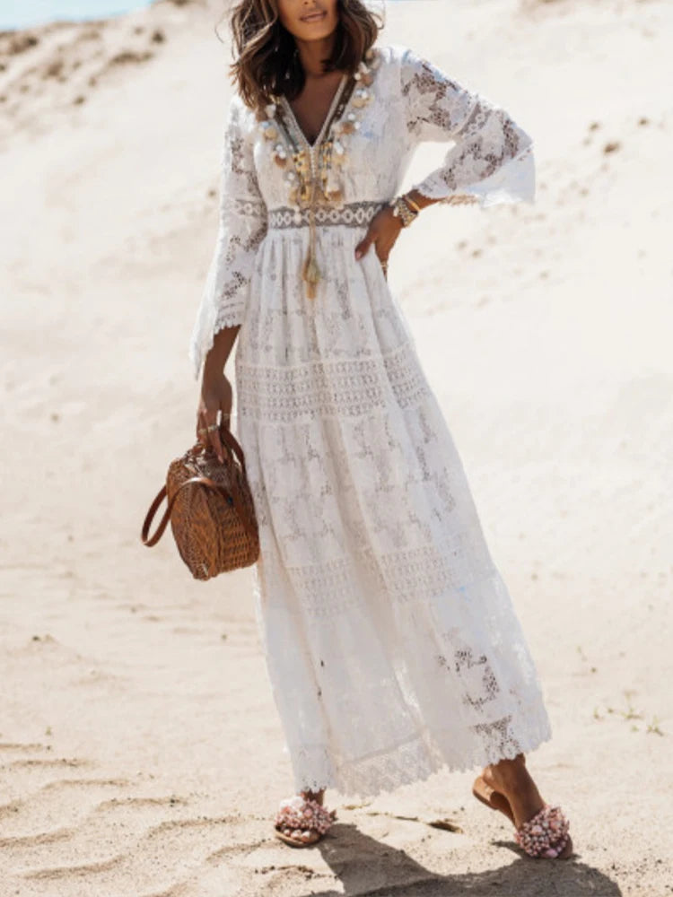 Doris | Women's Lace V-Neck Maxi Dress-Omni Prime Goods