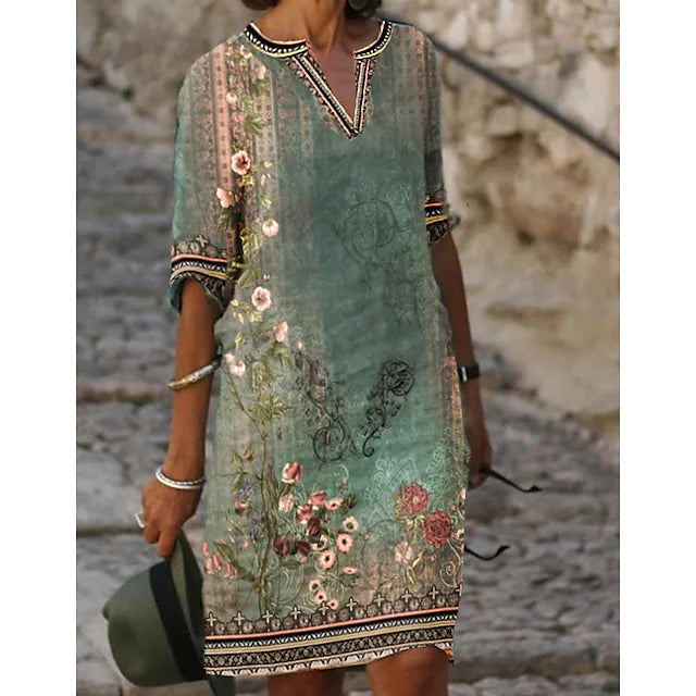 Edda | Women's Floral Midi Dress with Short Sleeves and V-Neck-Omni Prime Goods