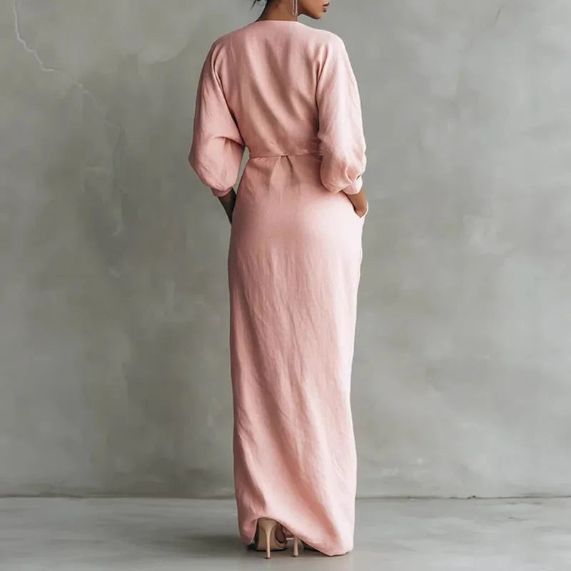 Elowen | Women's V Neck Wrap Waist Long Dress-Omni Prime Goods
