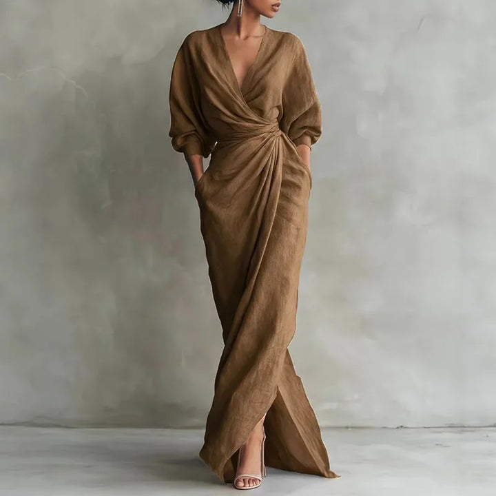 Elowen | Women's V Neck Wrap Waist Long Dress-Omni Prime Goods