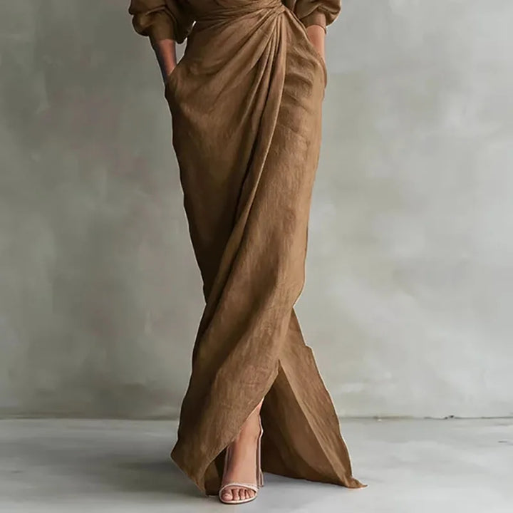 Elowen | Women's V Neck Wrap Waist Long Dress-Omni Prime Goods