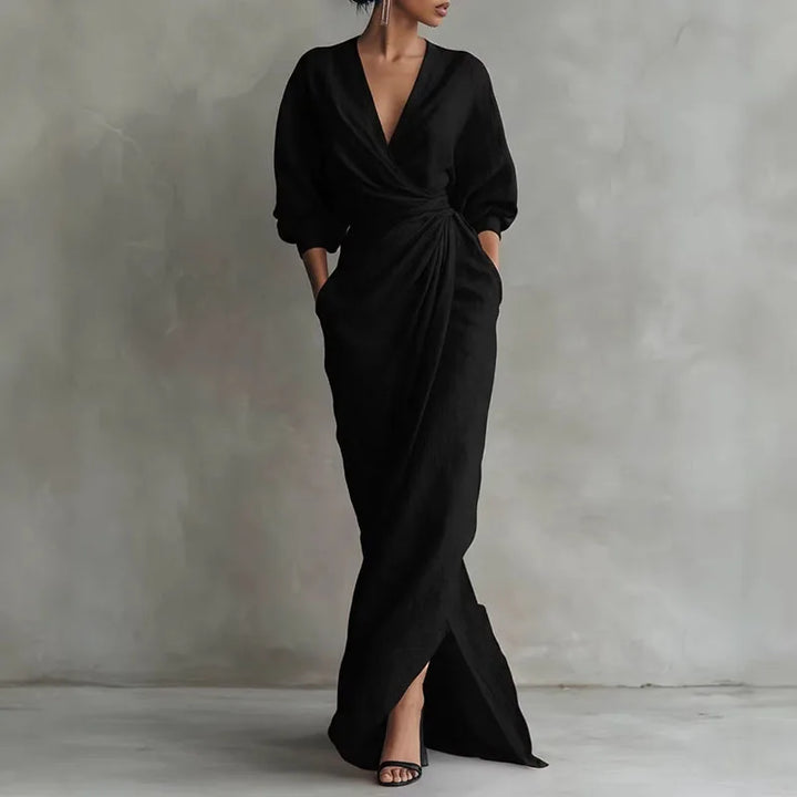 Elowen | Women's V Neck Wrap Waist Long Dress-Omni Prime Goods