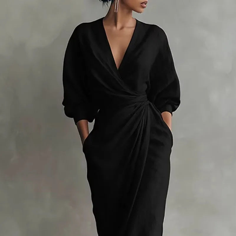 Elowen | Women's V Neck Wrap Waist Long Dress-Omni Prime Goods